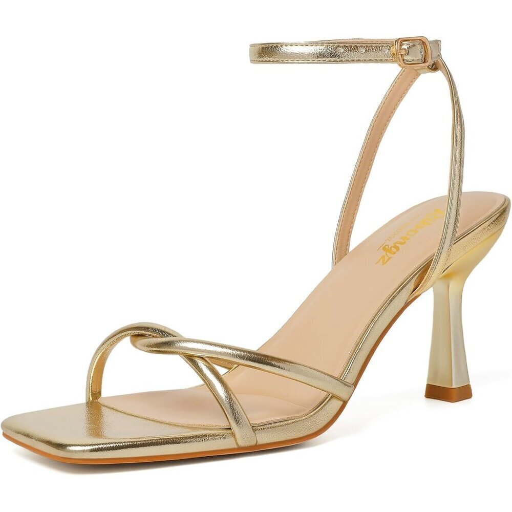Women's Gold Square Open Toe Kitten Strappy Ankle Strap Heeled Sandals Shoes